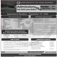 Admission notice for University Of Malakand